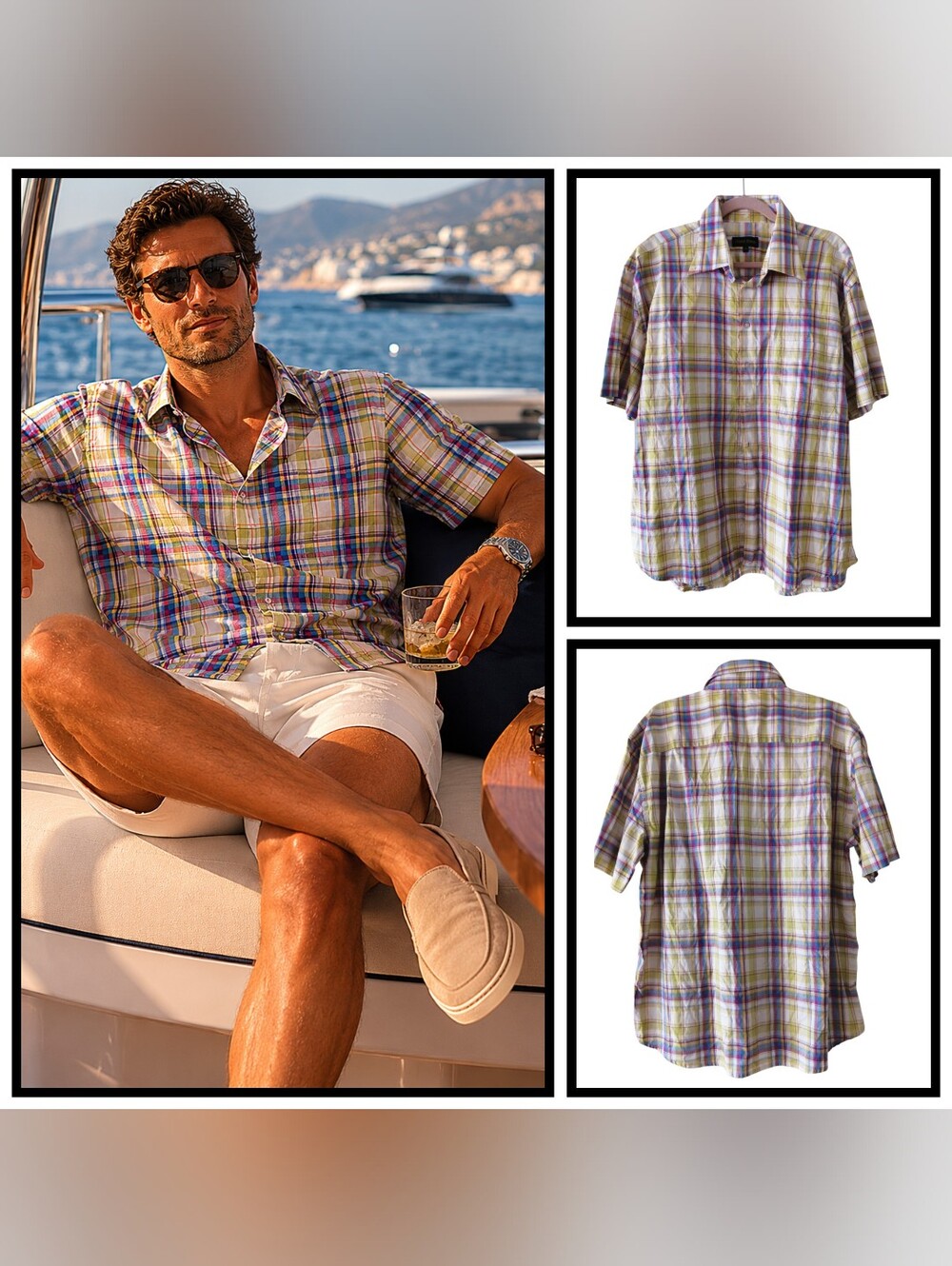 🇨🇦 Harry Rosen Men's Short-Sleeve Plaid 100% Cotton Shirt Multicolour